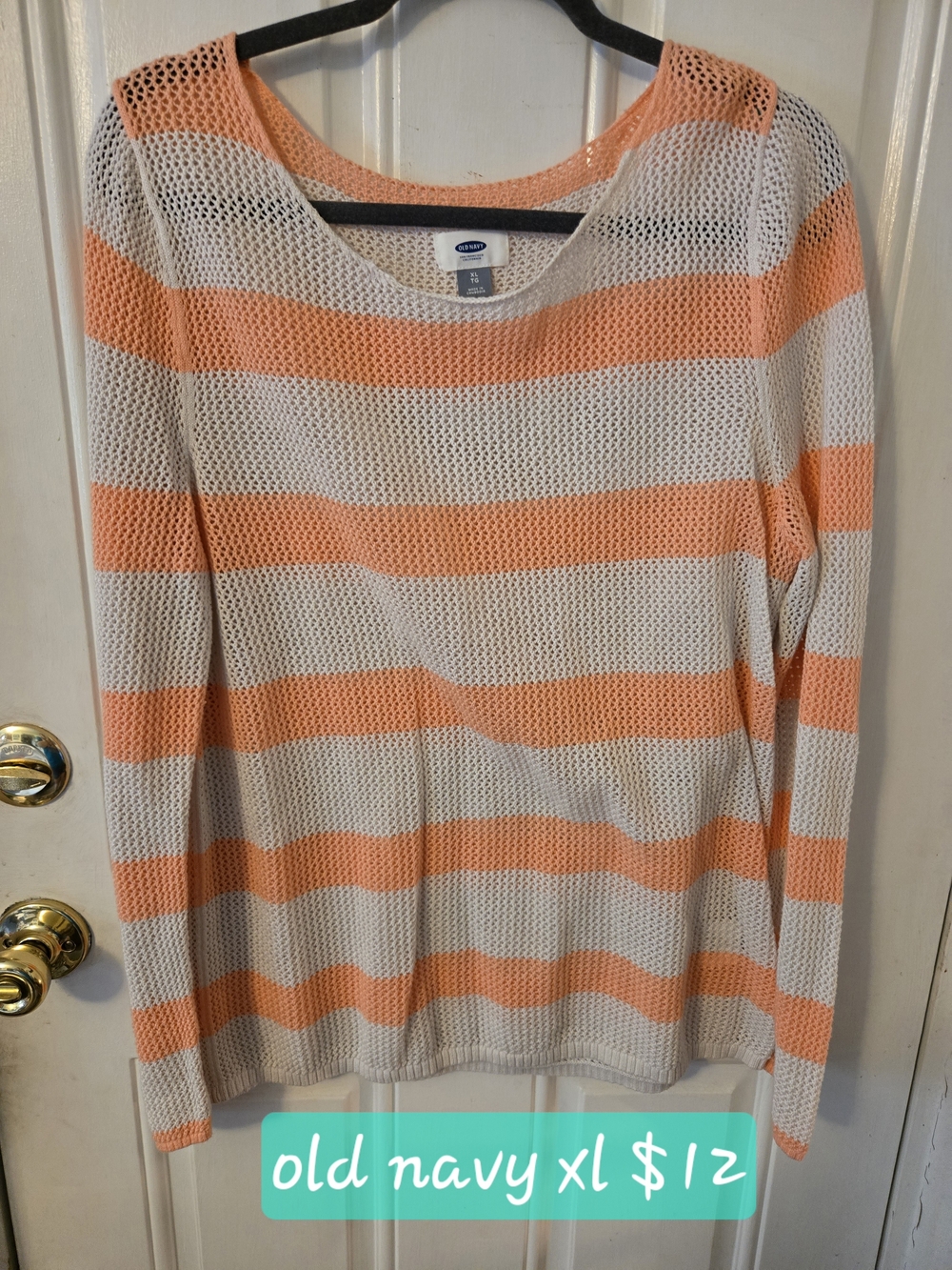 Old Navy Orange and White Striped Open-Knit Scoop Neck Sweater